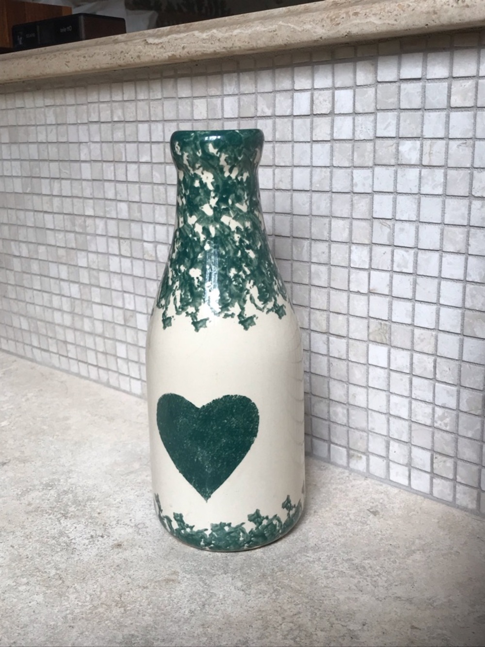 Farmhouse Ceramic Heart Vase in Cream and Forest Green Vintage